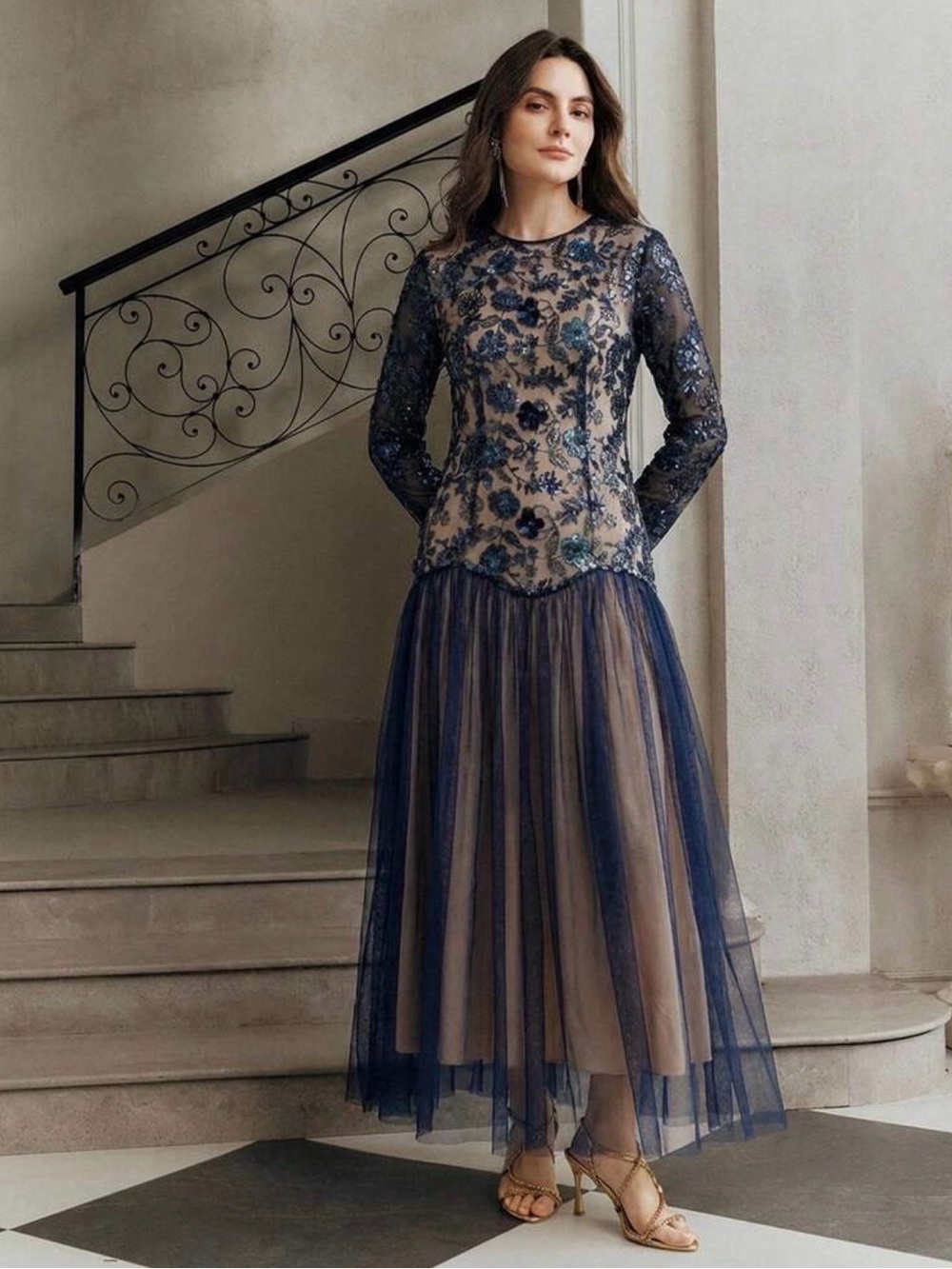 Navy Floral Embroidered Long-Sleeve Tulle Maxi Dress